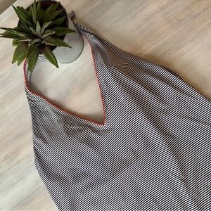 Anna Cole Striped Blue & White Swim Tank Top with Orange Trim. Size: M